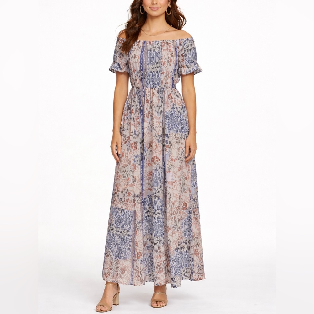 Jaase Smocked Off The Shoulder Maxi Dress Paisley Floral XS Boho Side Slit Flowy